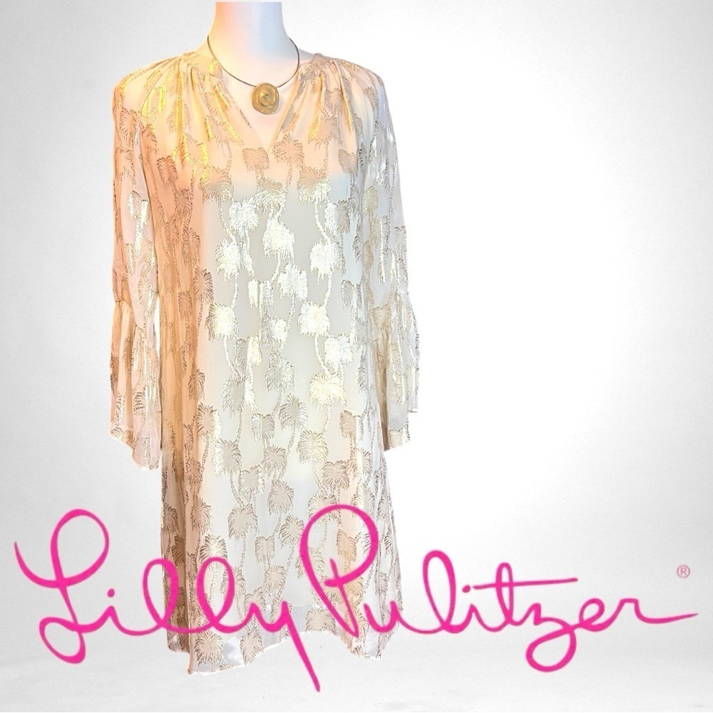 LILLY PULITZER Matilda Silk Resort White/Metallic Palm Tree Clip Jacquard Tunic
